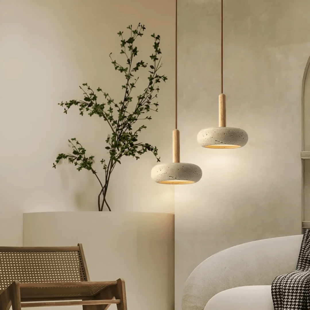 Skorter | TranquilHalo – LED Retro Ceiling Light in Stone & Wood