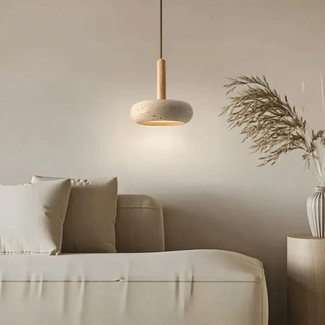 Skorter | TranquilHalo – LED Retro Ceiling Light in Stone & Wood