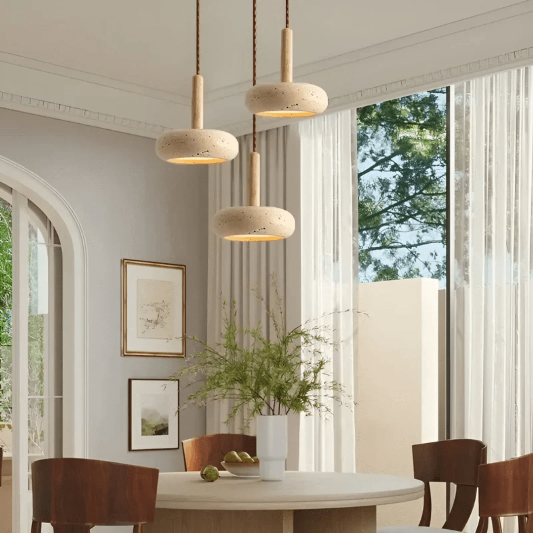 Skorter | TranquilHalo – LED Retro Ceiling Light in Stone & Wood