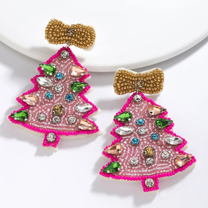 Skorter | Women'S Pink Theme Hand-Beading Christmas Tree Earrings