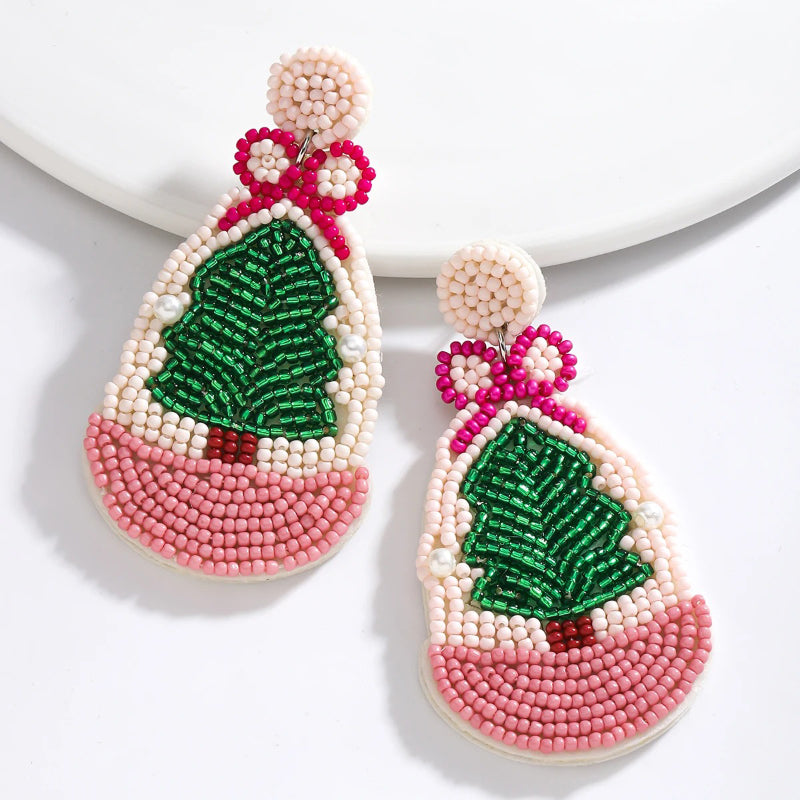 Skorter | Women'S Pink Theme Hand-Beading Christmas Tree Earrings