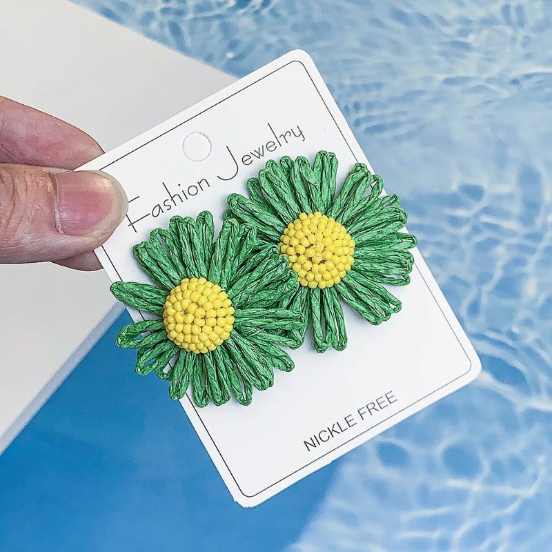 Skorter | Bohemian Raffia Flower Bead Rattan Knit Colorful Earrings