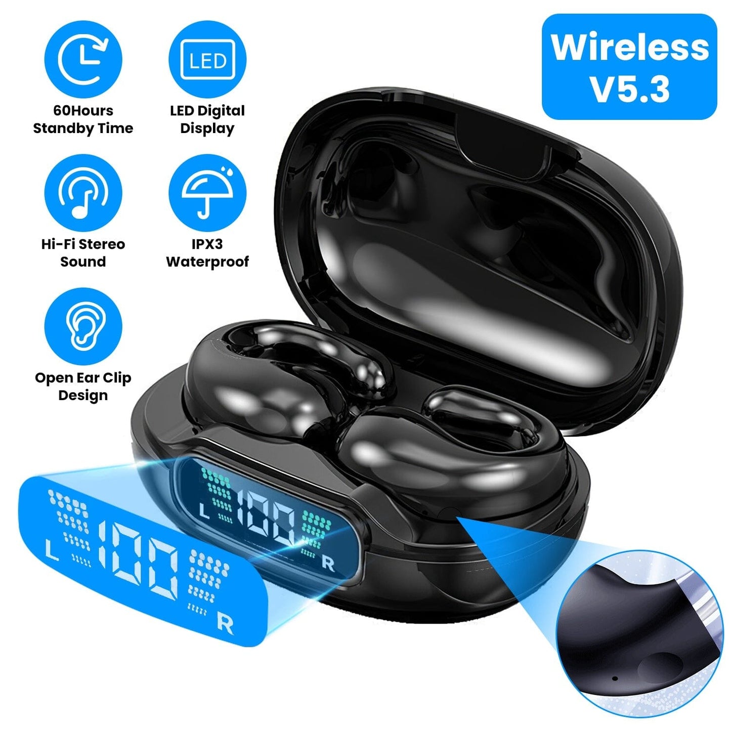 Skorter | Wireless V5.3 Open Ear Clip Earbuds IPX3 Waterproof Ultra Open Earbuds with LED Display