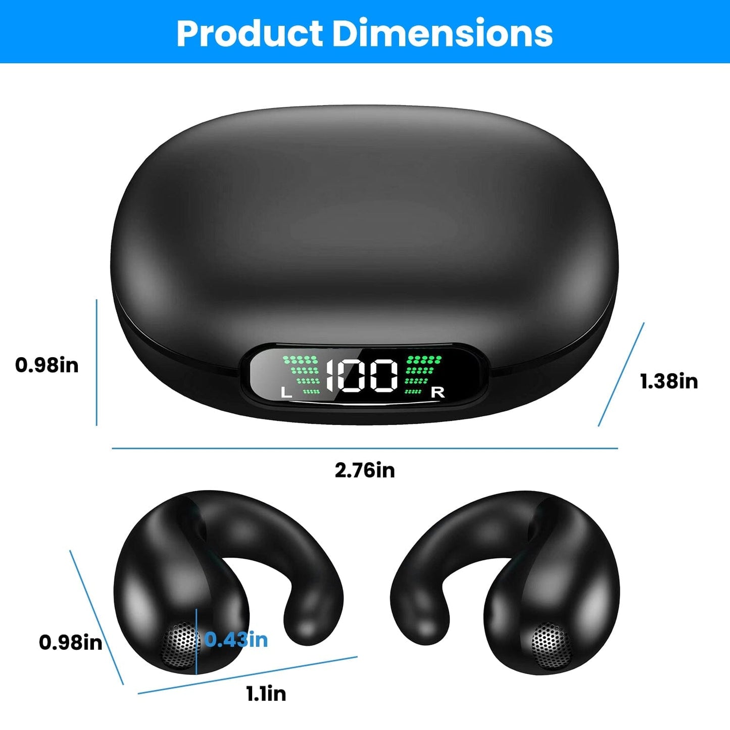 Skorter | Wireless V5.3 Open Ear Clip Earbuds IPX3 Waterproof Ultra Open Earbuds with LED Display