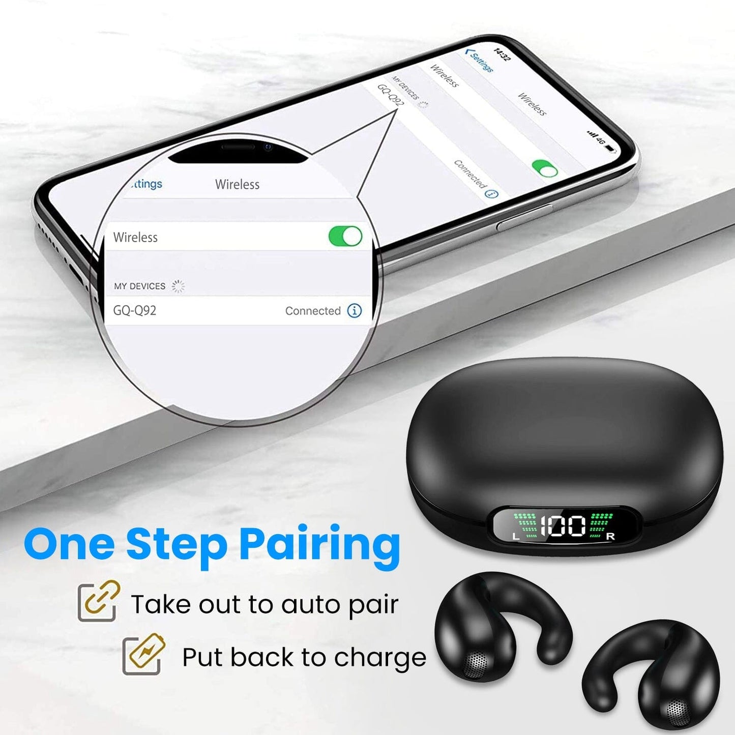 Skorter | Wireless V5.3 Open Ear Clip Earbuds IPX3 Waterproof Ultra Open Earbuds with LED Display