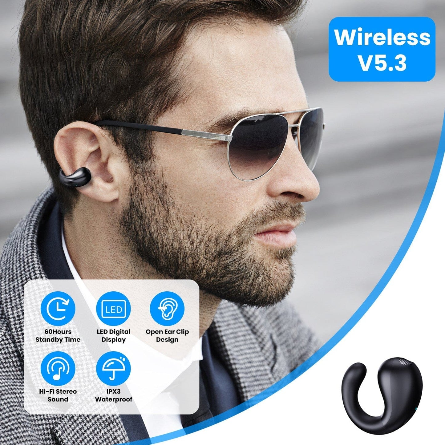 Skorter | Wireless V5.3 Open Ear Clip Earbuds IPX3 Waterproof Ultra Open Earbuds with LED Display