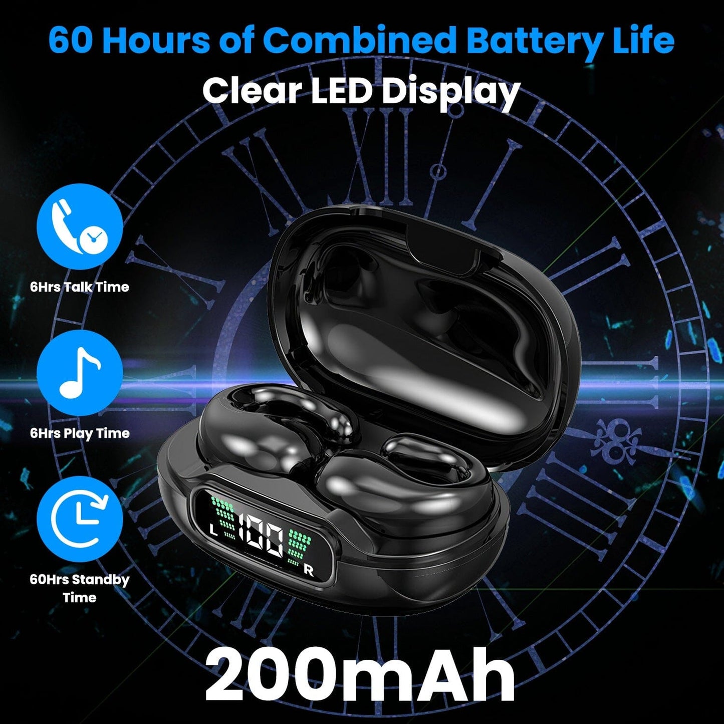 Skorter | Wireless V5.3 Open Ear Clip Earbuds IPX3 Waterproof Ultra Open Earbuds with LED Display