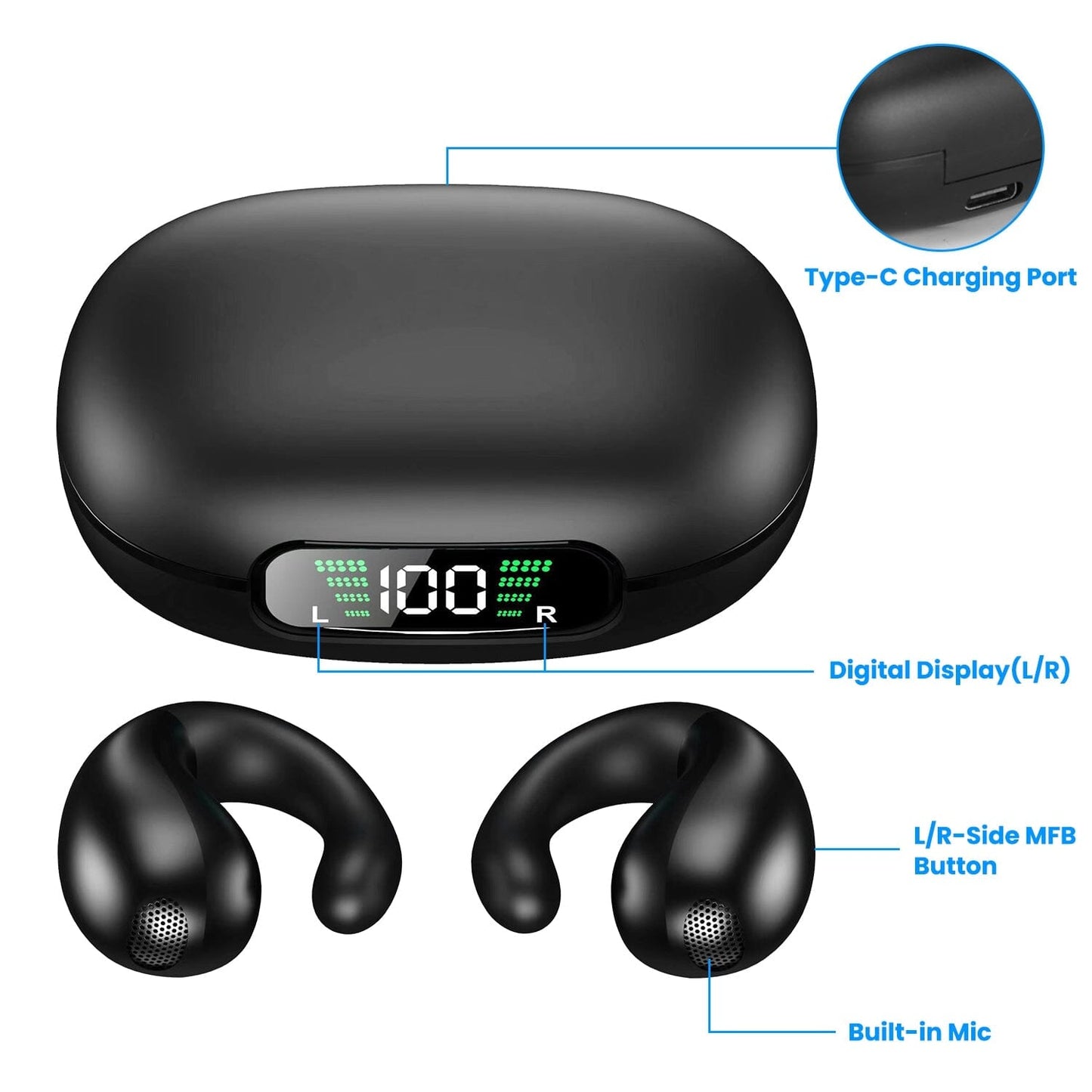 Skorter | Wireless V5.3 Open Ear Clip Earbuds IPX3 Waterproof Ultra Open Earbuds with LED Display