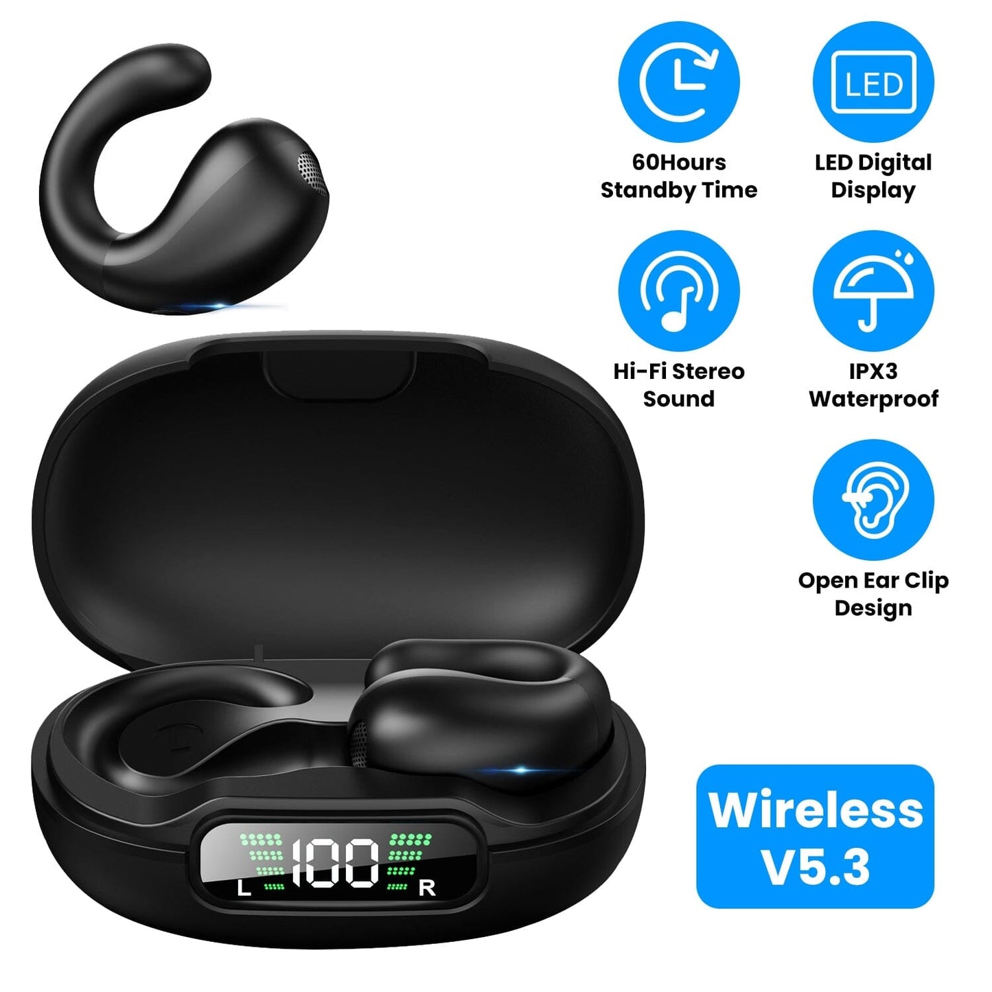 Skorter | Wireless V5.3 Open Ear Clip Earbuds IPX3 Waterproof Ultra Open Earbuds with LED Display