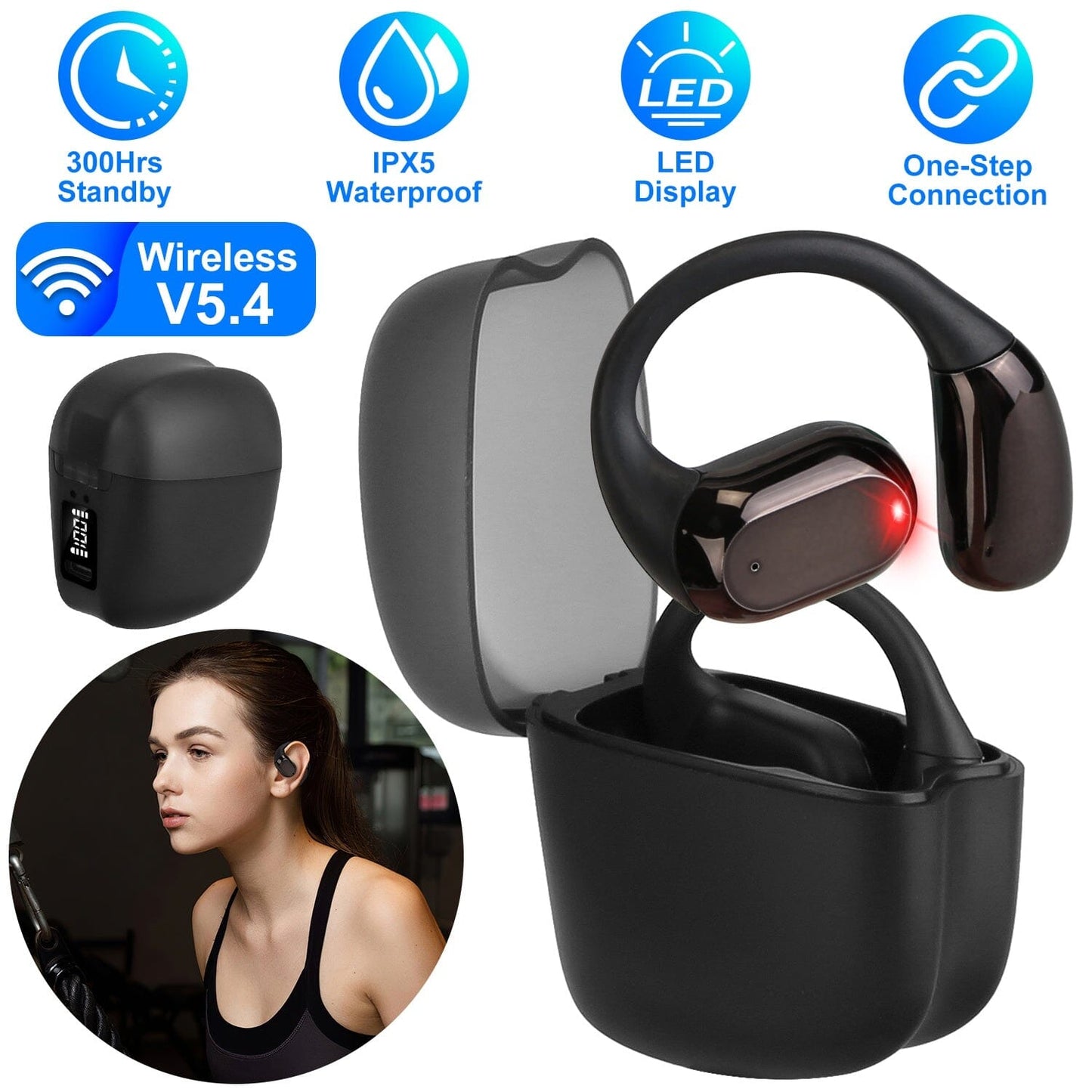 Skorter | Wireless V5.4 Open Ear Earbuds with Earlook LED Display Charging Case