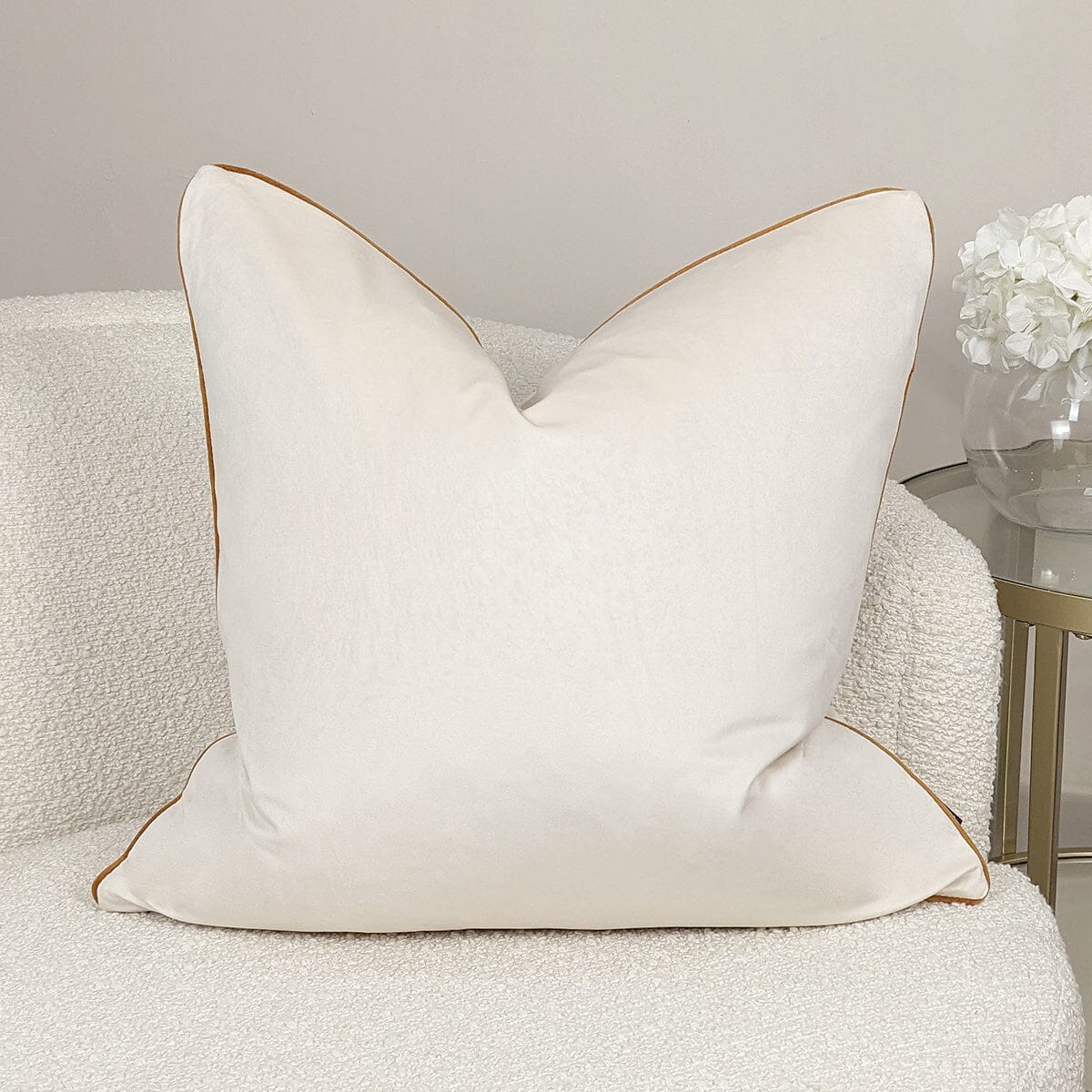 Skorter | Zara Ecru Velvet Cushion with Rust Colored Piping - 55x55cm