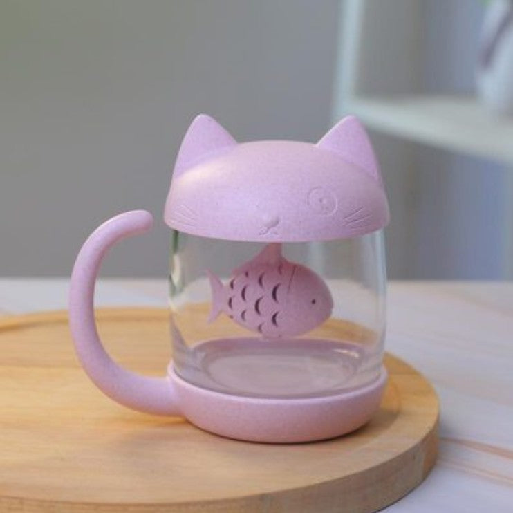 Skorter | 250ml Creative Cat and Fish Cup, with Tea Steeper, for Tea, Coffee, Juice, Milk and More