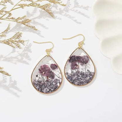 Skorter | Handmade Transparent Waterdrop Shape Dried Flowers Earrings
