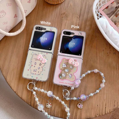 Skorter | Cute Cartoon Flip Samsung Z Flip Case – Soft Pastel Kitty Design with 3D Bow & Bead Carry Charm