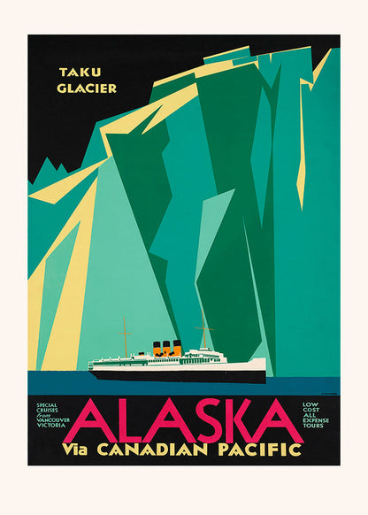 Skorter | Alaska via Canadian Pacific. Taku Glacier - Vintage Travel Poster