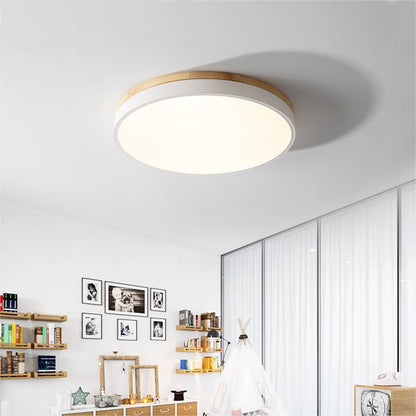 Skorter | Wooden Round Shape Flush Ceiling Light | LED. Solid Wood & Iron for Living Room. Dining Room & Hallway