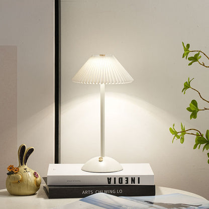 Skorter | Contemporary Scandinavian rechargeable iron fabric cone pleated LED table lamp for bedside