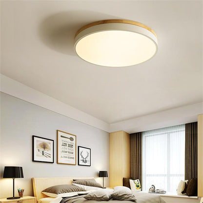 Skorter | Wooden Round Shape Flush Ceiling Light | LED. Solid Wood & Iron for Living Room. Dining Room & Hallway