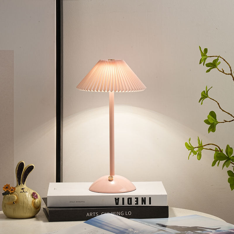 Skorter | Contemporary Scandinavian rechargeable iron fabric cone pleated LED table lamp for bedside