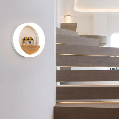 Skorter | Lumoshelf LED Wall Light | Solid Wood with Shelf | Round Wall Lamp | Warm & White Light