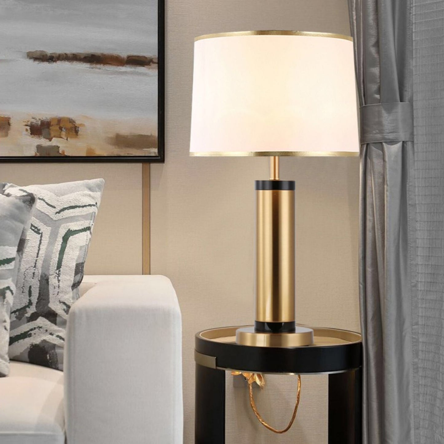 Skorter | Modern Transitional Cylinder Iron Fabric 1-Light Table Lamp for the Living Room