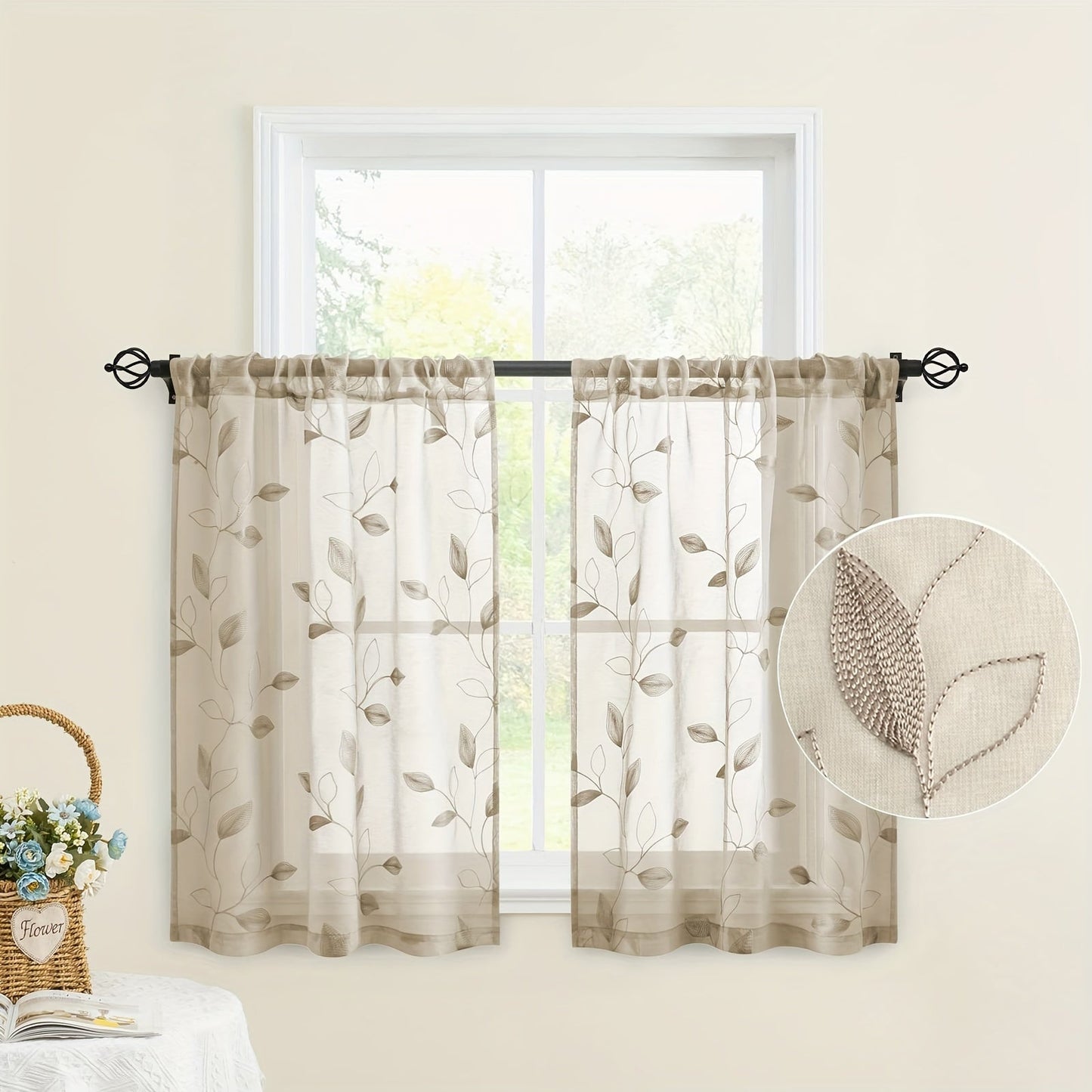 Skorter | Embroidered curtains with leaves - 2 pcs semi-transparent for bedroom and living room