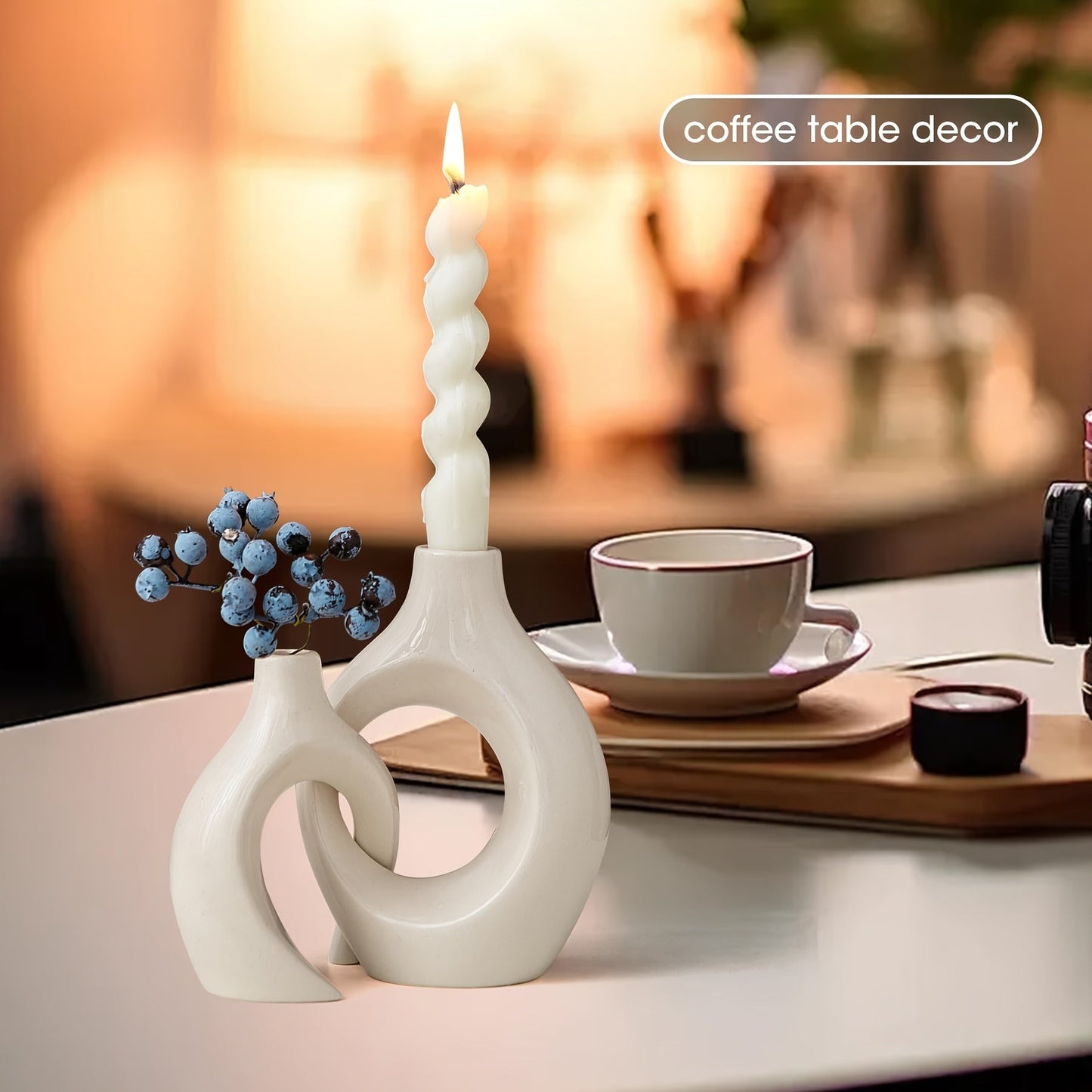 Skorter | 2-Piece Set Ceramic Candle Holders - Matte Finish, Modern Minimalist Design for Table Decoration