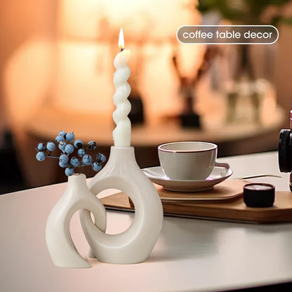 Skorter | 2-Piece Set Ceramic Candle Holders - Matte Finish, Modern Minimalist Design for Table Decoration