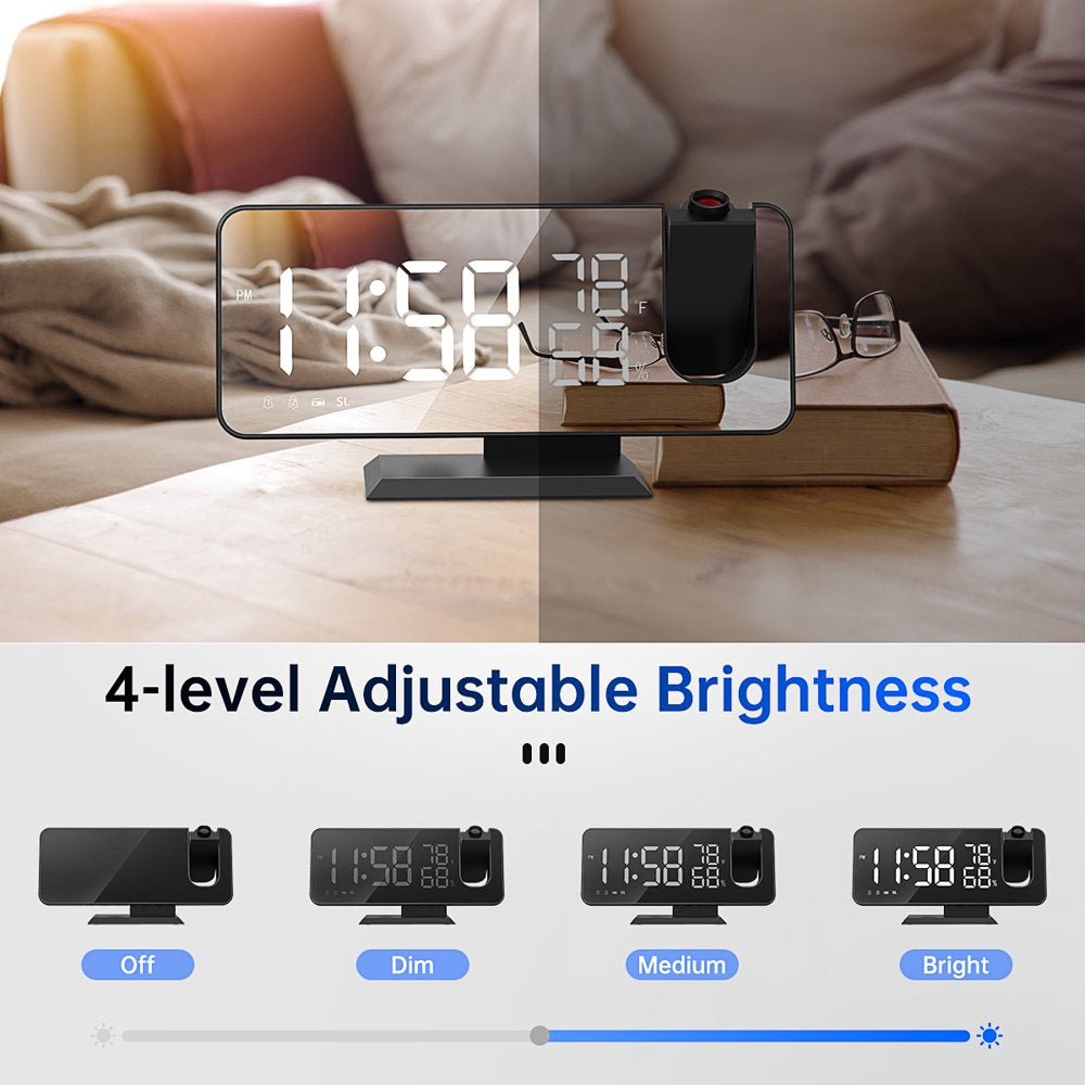 Skørter | Projection alarm clock for the bedroom, digital alarm clock radio with USB charging ports, 7.3" large LED display and 4 adjustable dimmers, double alarm clock with temperature and humidity indicator, snooze (Black)
