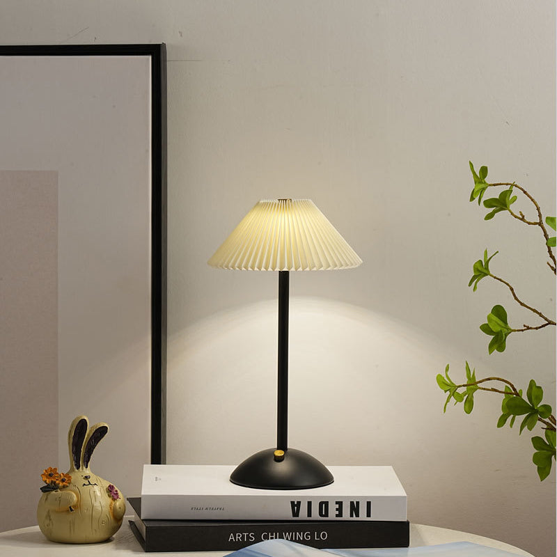 Skorter | Contemporary Scandinavian rechargeable iron fabric cone pleated LED table lamp for bedside