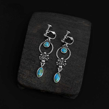 Skorter | Blue Art Retro Style Turquoise Engraved Earrings Elegant Temperament Ethnic Style Earrings