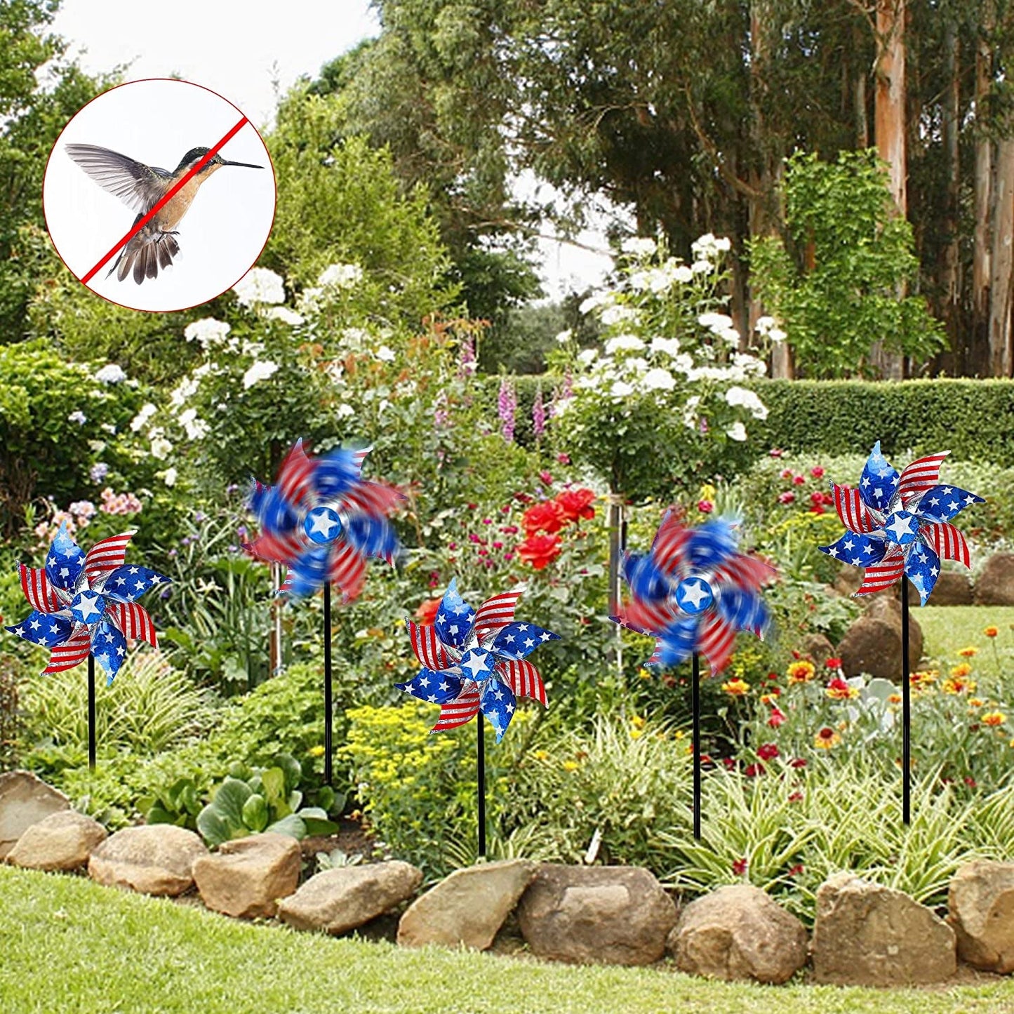 Skorter | 10 Pack Reflective Pinwheels Patriotic Decorations, American Flag on Pole Wind Spinner with Support for Independence Day, Memorial Day July 4th Party Supplies, Scare Birds Repellent Devices