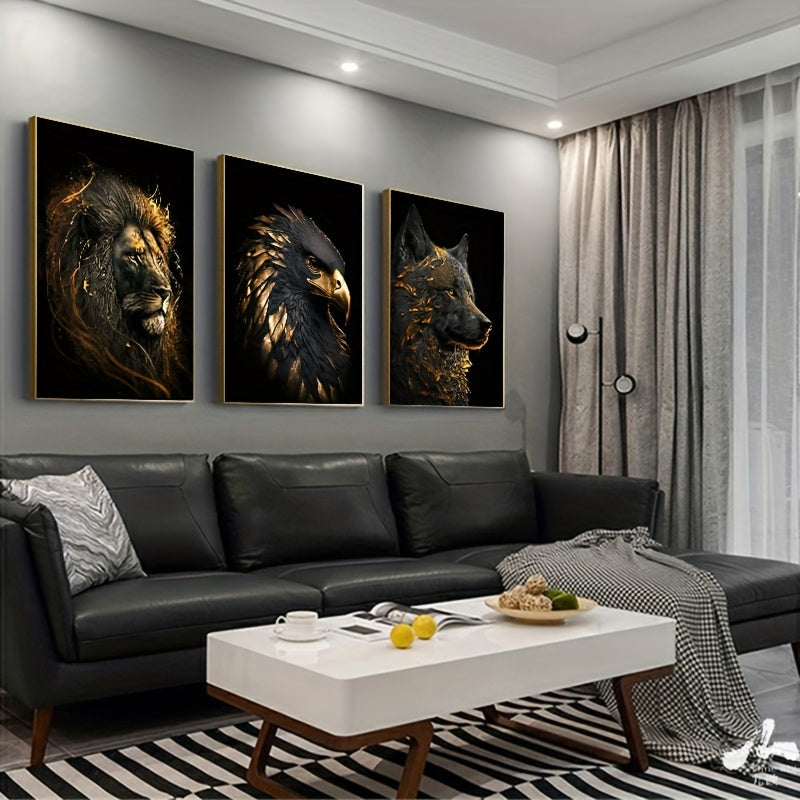 Skorter | 3 pcs Unframed Canvas Poster - Modern Art, Abstract Paintings of The Golden Lion and Eagle, Ideal Gift for Bedroom, Living Room, Hallway, Wall Decoration, Winter Decoration, Room Decor