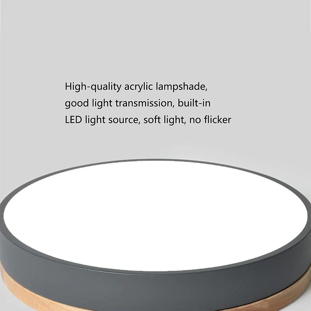 Skorter | Wooden Round Shape Flush Ceiling Light | LED. Solid Wood & Iron for Living Room. Dining Room & Hallway