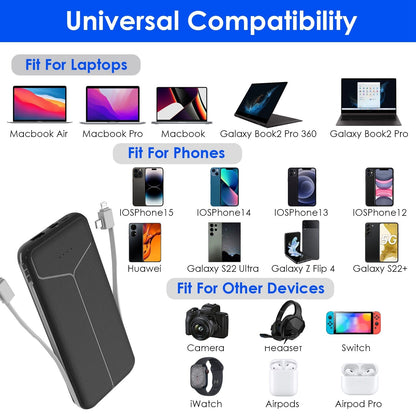 Skorter | 10000mAh Power Bank Portable Charger with US Plug 2 Built-in Cables External Battery Pack