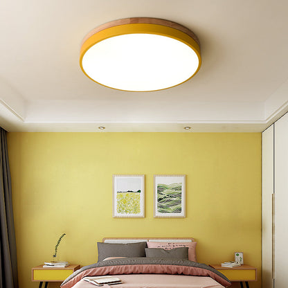 Skorter | Wooden Round Shape Flush Ceiling Light | LED. Solid Wood & Iron for Living Room. Dining Room & Hallway