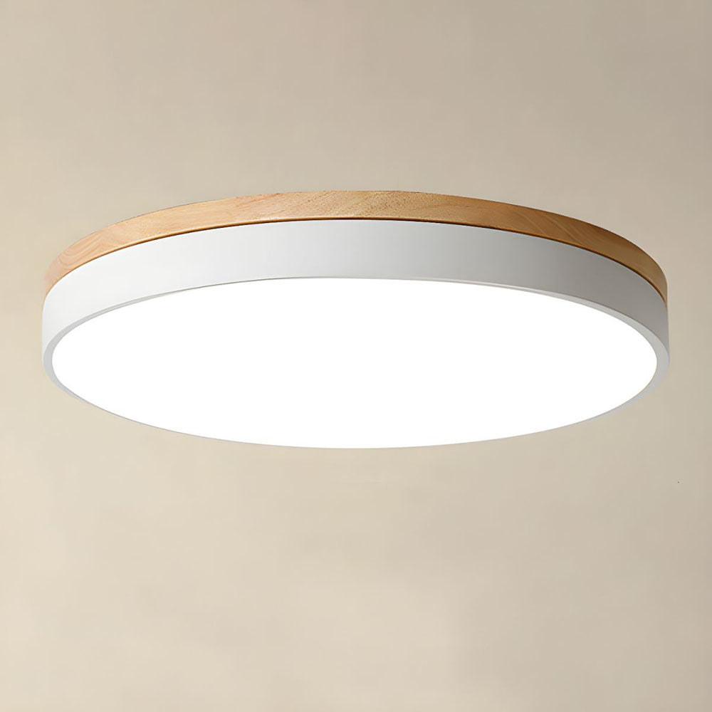 Skorter | Wooden Round Shape Flush Ceiling Light | LED. Solid Wood & Iron for Living Room. Dining Room & Hallway