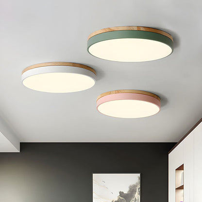 Skorter | Wooden Round Shape Flush Ceiling Light | LED. Solid Wood & Iron for Living Room. Dining Room & Hallway