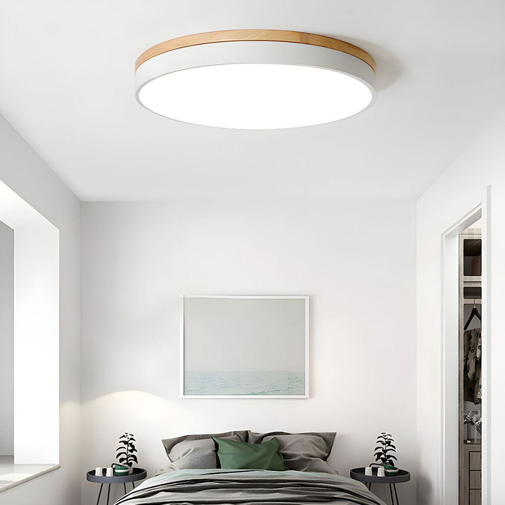 Skorter | Wooden Round Shape Flush Ceiling Light | LED. Solid Wood & Iron for Living Room. Dining Room & Hallway