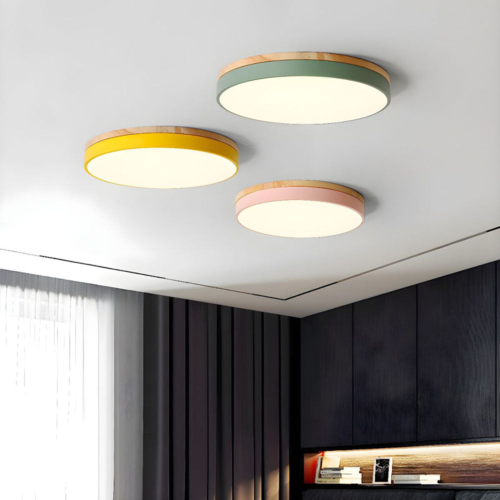 Skorter | Wooden Round Shape Flush Ceiling Light | LED. Solid Wood & Iron for Living Room. Dining Room & Hallway