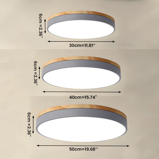 Skorter | Wooden Round Shape Flush Ceiling Light | LED. Solid Wood & Iron for Living Room. Dining Room & Hallway