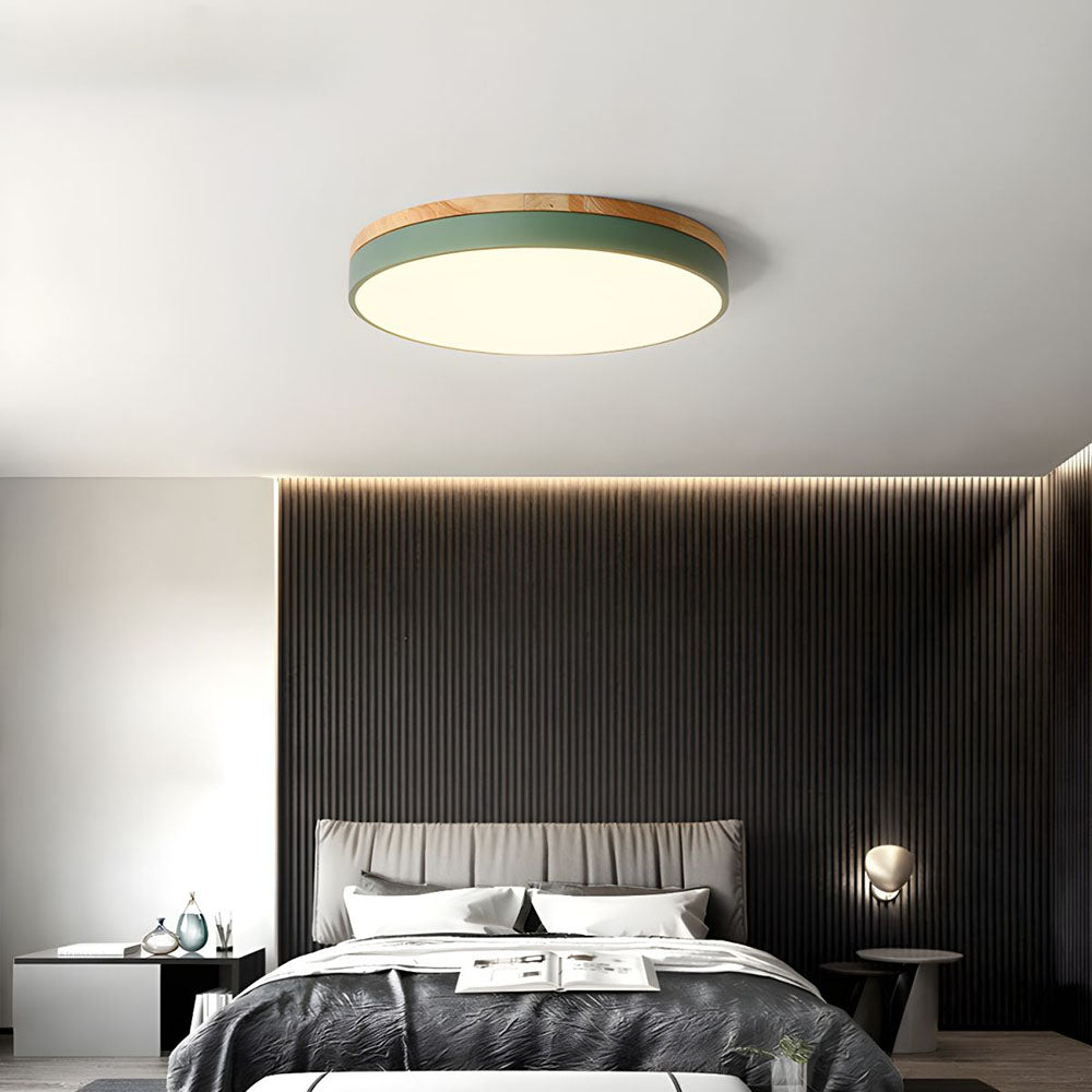 Skorter | Wooden Round Shape Flush Ceiling Light | LED. Solid Wood & Iron for Living Room. Dining Room & Hallway