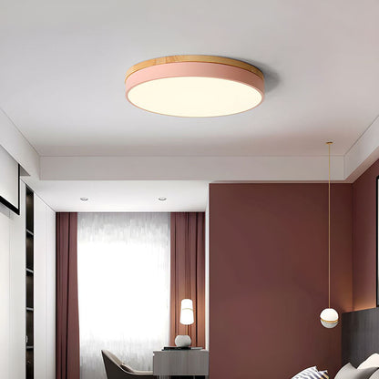 Skorter | Wooden Round Shape Flush Ceiling Light | LED. Solid Wood & Iron for Living Room. Dining Room & Hallway
