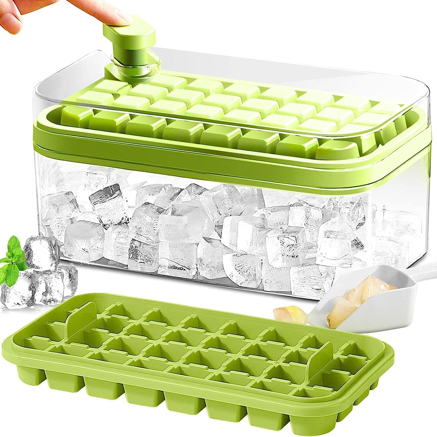 Skorter | 101oz. Ice Cube Tray Set - 64 Piece Silicone Ice Cube Tray with Lid & Container