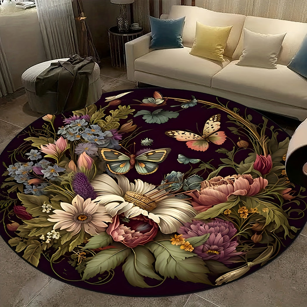 Skorter | Darkness Butterfly Floral Round Rug - Non-slip, Washable, soft and comfortable polyester rug for living room, bedroom, office and children's room