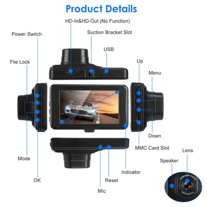 Skorter | 1080P Car DVR 3" Camera Dash Cam with 100° Angle Loop Recording Motion Detection
