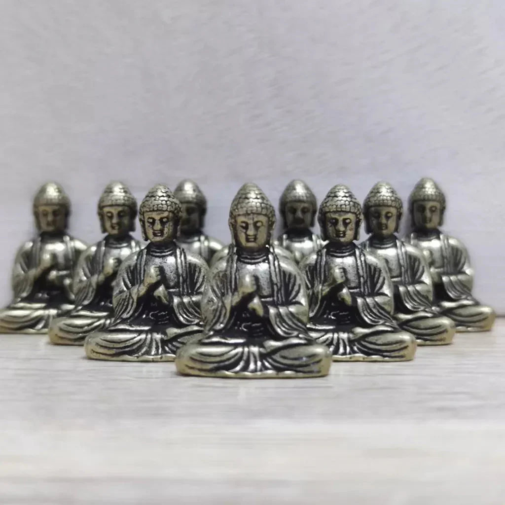 Skorter | 10 piece Miniature Brass Sitting Buddha Statue Figure for Travel Buddhism Worship Home Office Desk Decoration