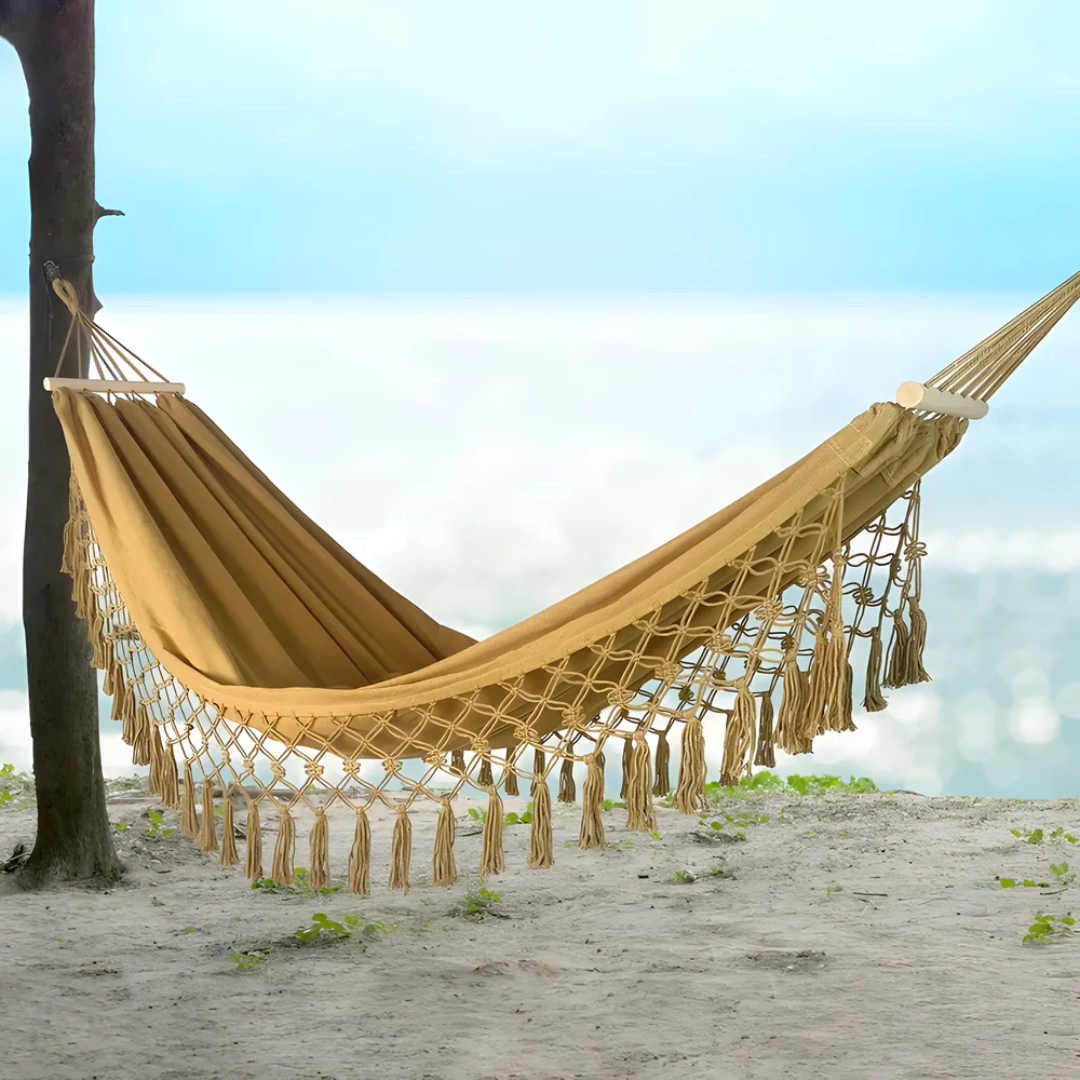 Skorter | Boho Cotton Hammock with Wooden Bars for Indoor Outdoor Use