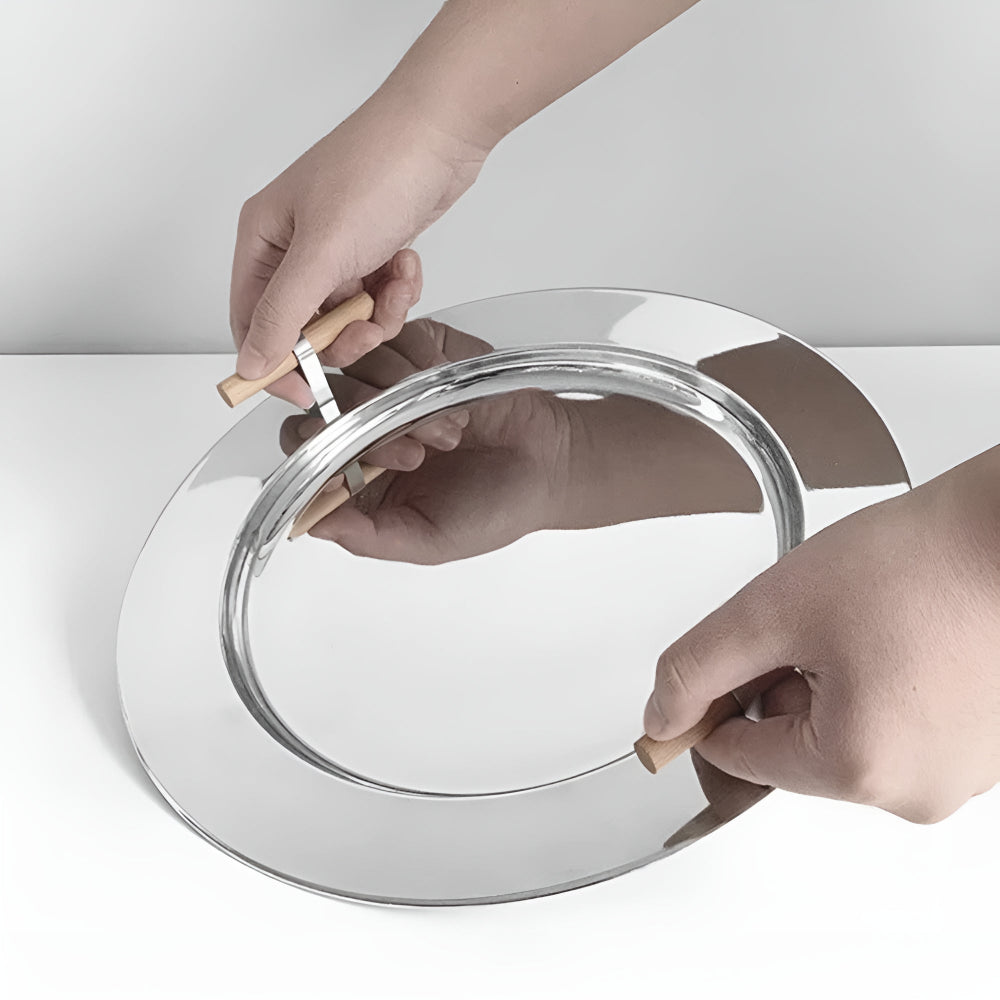 Skorter | Elegant Stainless Steel Round Tray with Wooden Handles