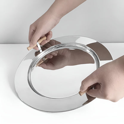 Skorter | Elegant Stainless Steel Round Tray with Wooden Handles